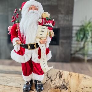 Traditional Santa w/ Naughty & Nice List, Full Toy Bag and Stuffed Bear, 24”